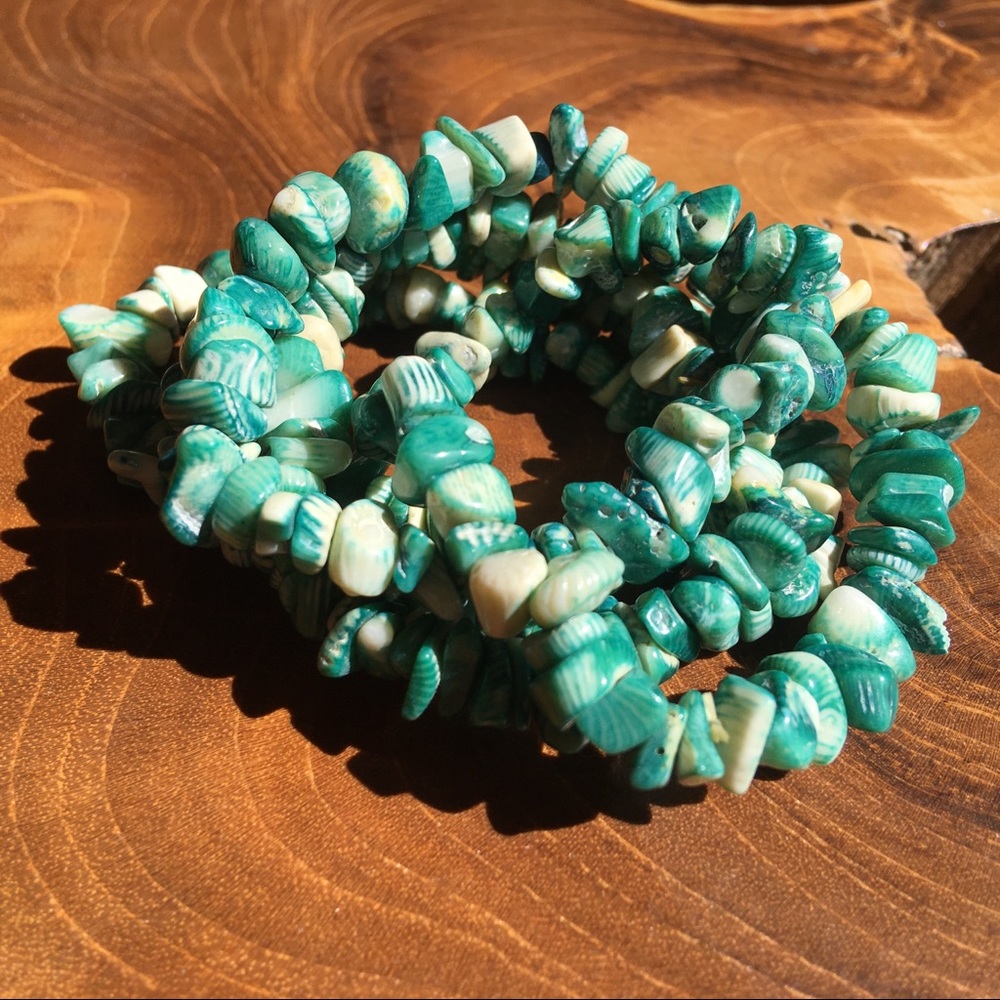 Turquoise beaded bracelets, set of five, stretchy with elastic bands